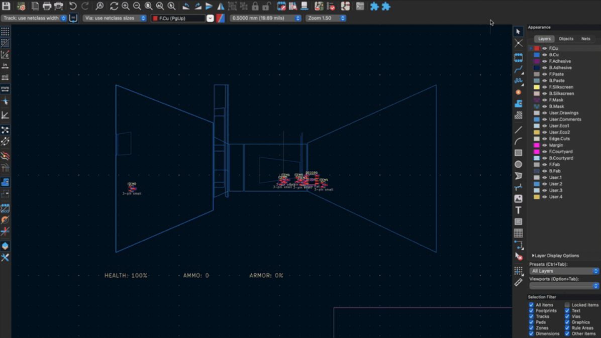DOOM gets ported to board design app, transforming walls into PCB traces, iconic demons into 64-pin packages, and ammo into 3-pin parts — fully playable KiCAD e