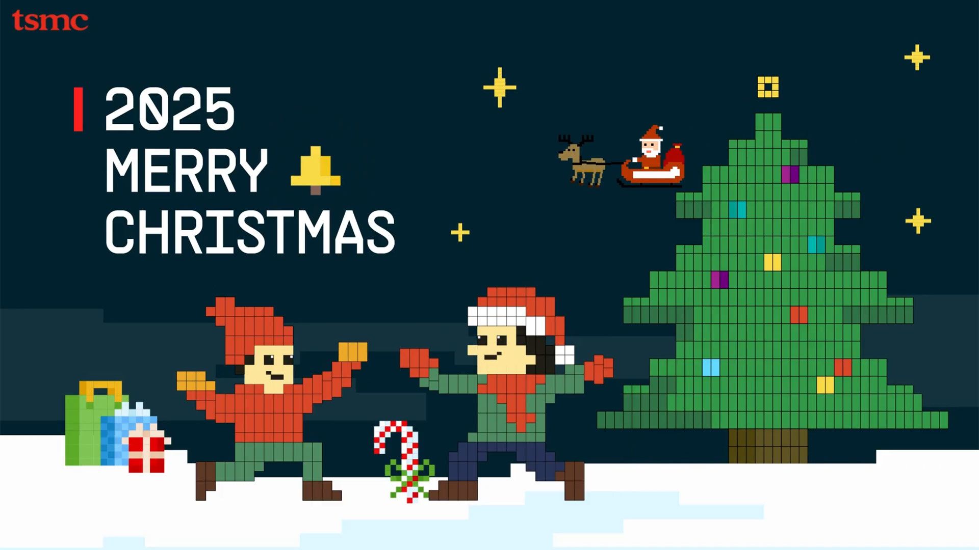 TSMC’s Christmas Card evokes a retro 8-bit winter wonderland — ‘pixelated’ kids play Breakout with snowballs, carving out a festive scene