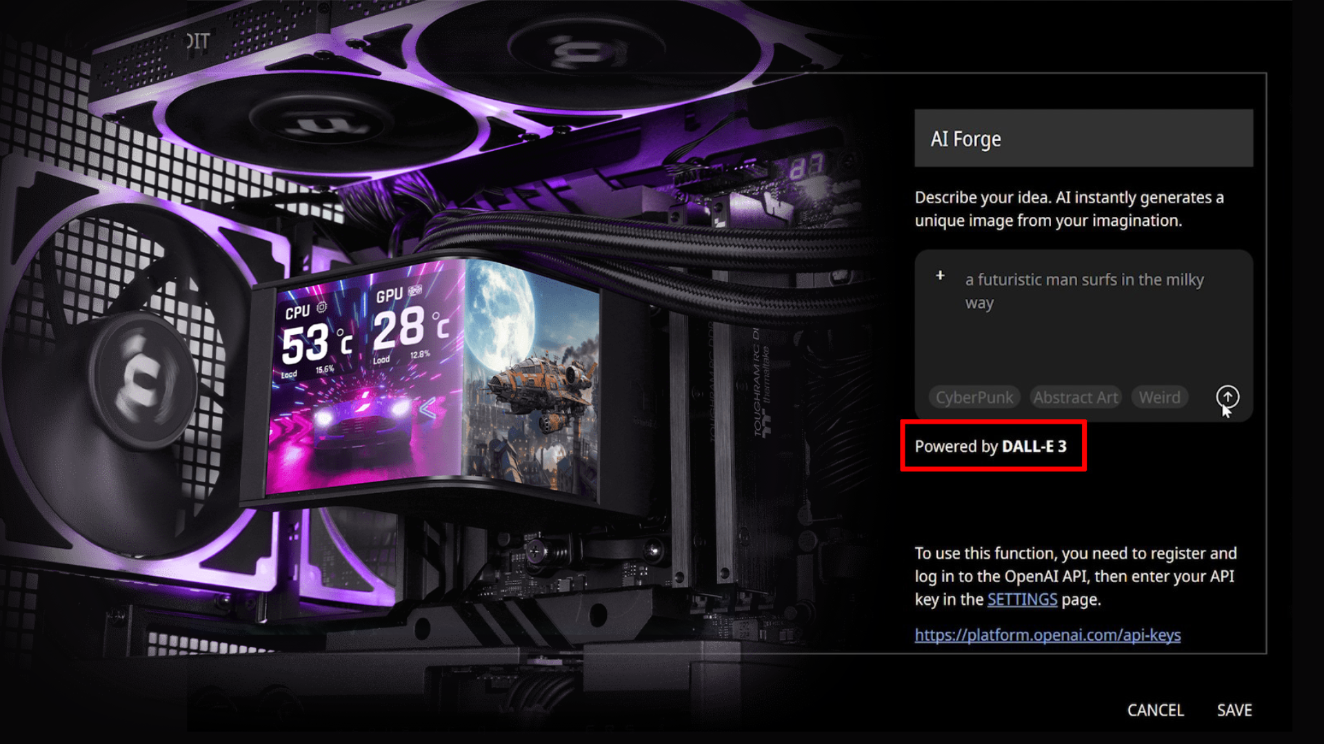 Thermaltake's new AIO cooler requires paid OpenAI subscription to generate custom backgrounds for $0.04 per prompt — "AI Forge" feature taps into OpenAI's platf