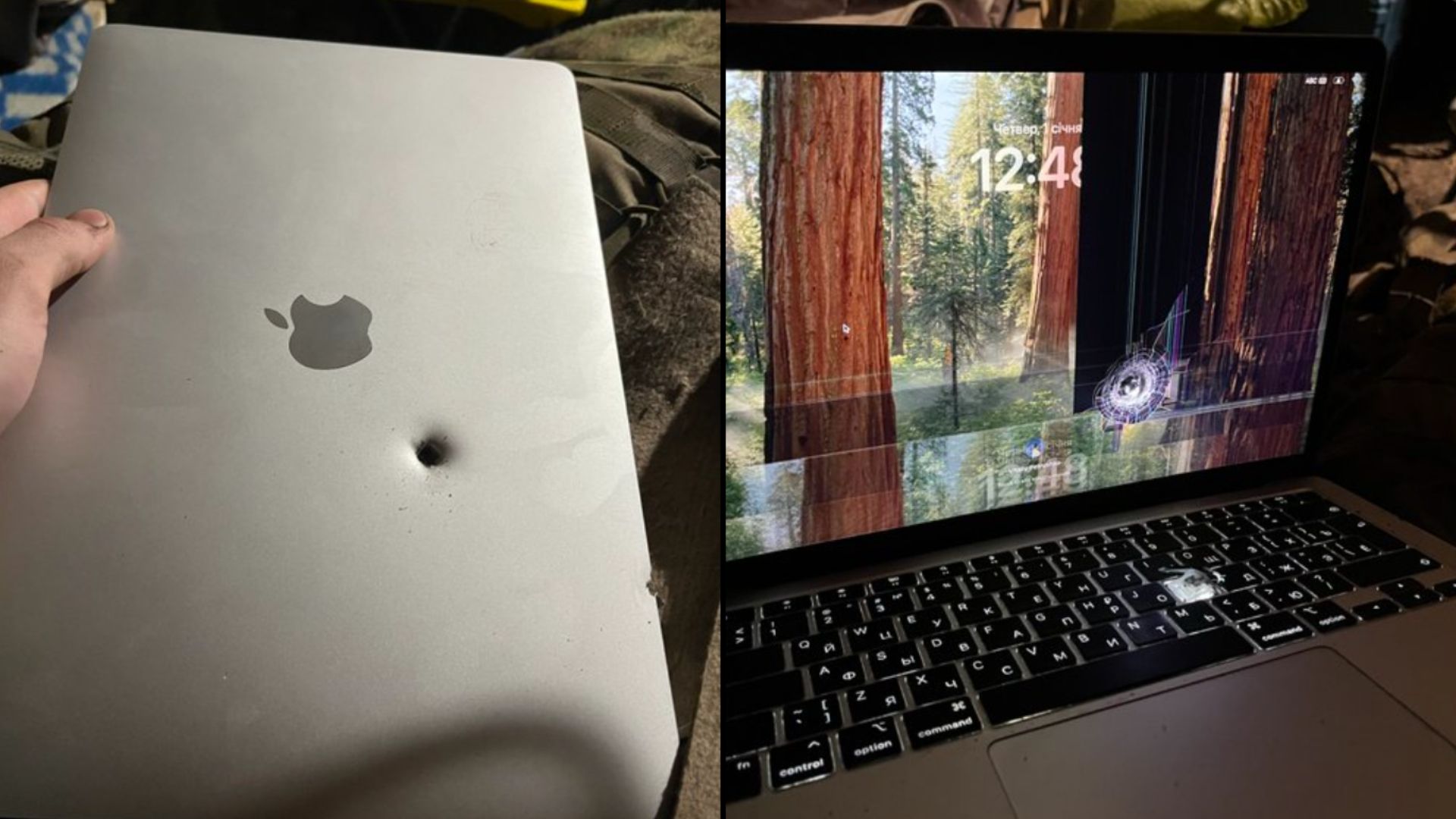Ukrainian soldier's M1 MacBook Air takes direct shrapnel hit, saving his life — screen cracked and letter 'K' missing but laptop remains functional