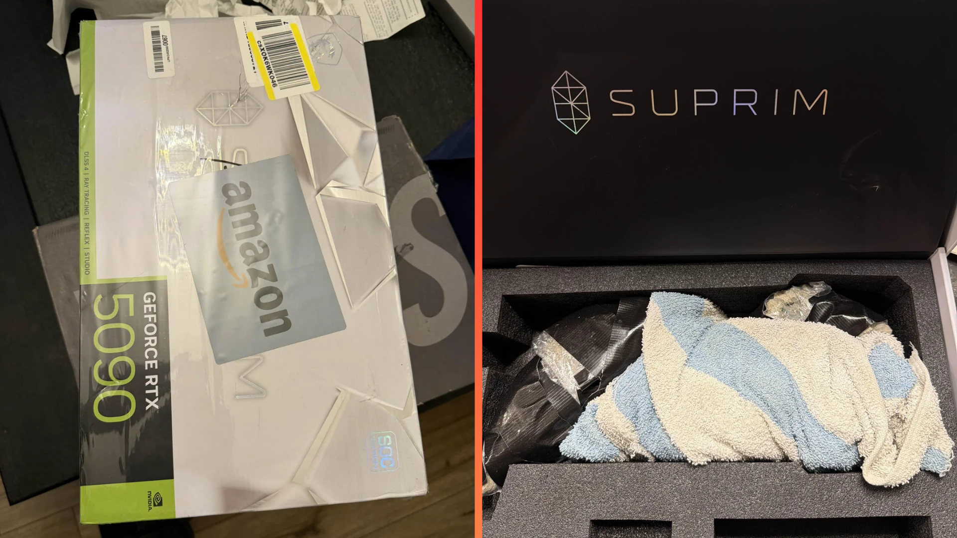 $3,000 RTX 5090 delivery brings rocks, a towel, and broken dreams — unboxing nightmare on an expensive GPU bought from Amazon Resale