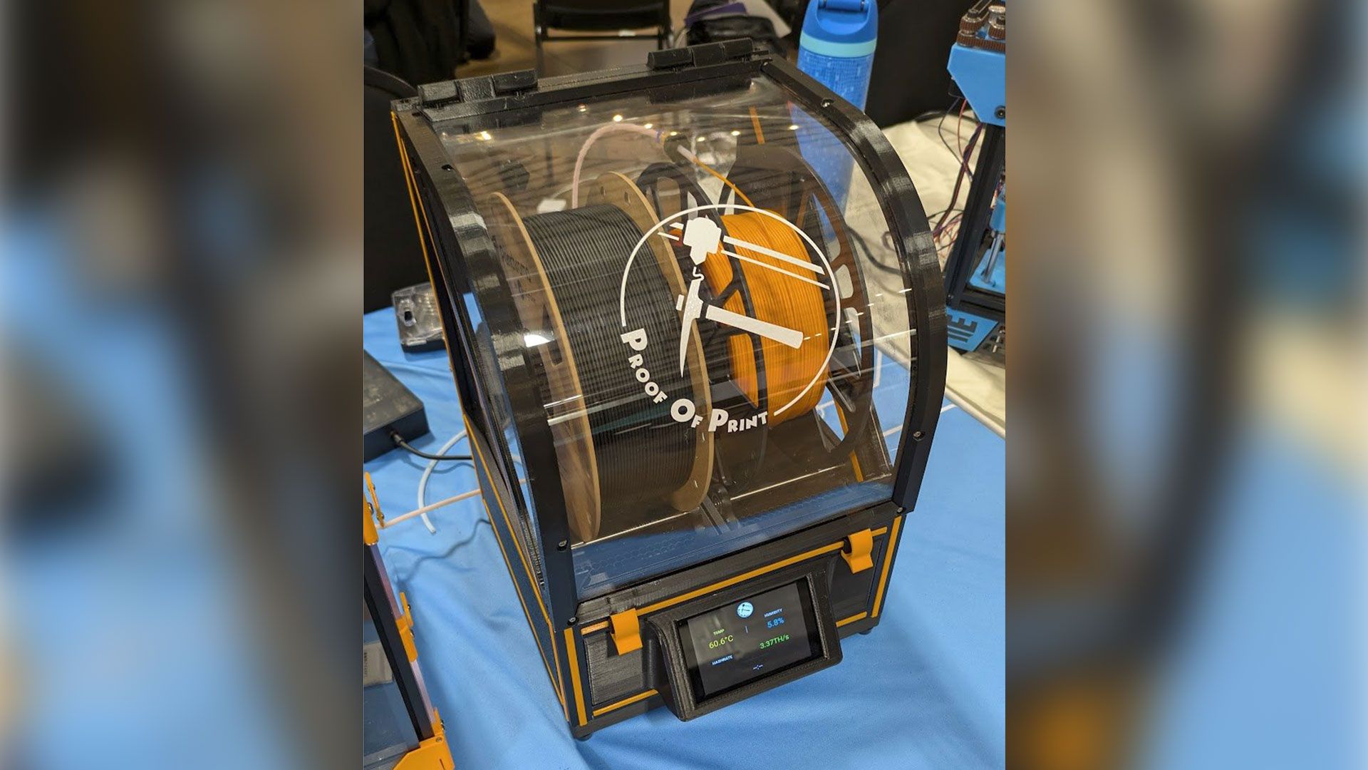 Inventor showcases 3D printer filament dryer that mines Bitcoins and dries filament with waste heat, capable of 6 TH/s at 140W — joins Bitcoin-mining 3D printer