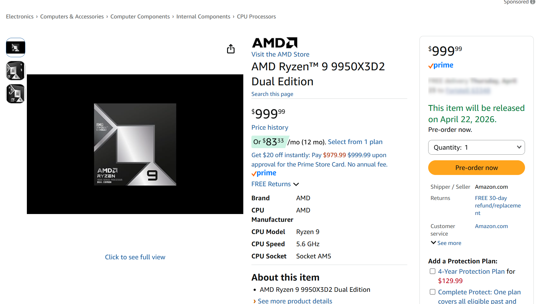 AMD Ryzen 9 9950X3D2 appears on Amazon with $1,000 pre-order price — AMD confirms recommended pricing is still set at $899 [Updated]