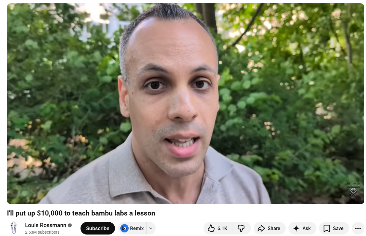 Louis Rossmann tells 3D printer maker Bambu Lab to ‘Go (Bleep) yourself’ over its threatened lawsuit against enthusiast — Right to Repair advocate offers to pay