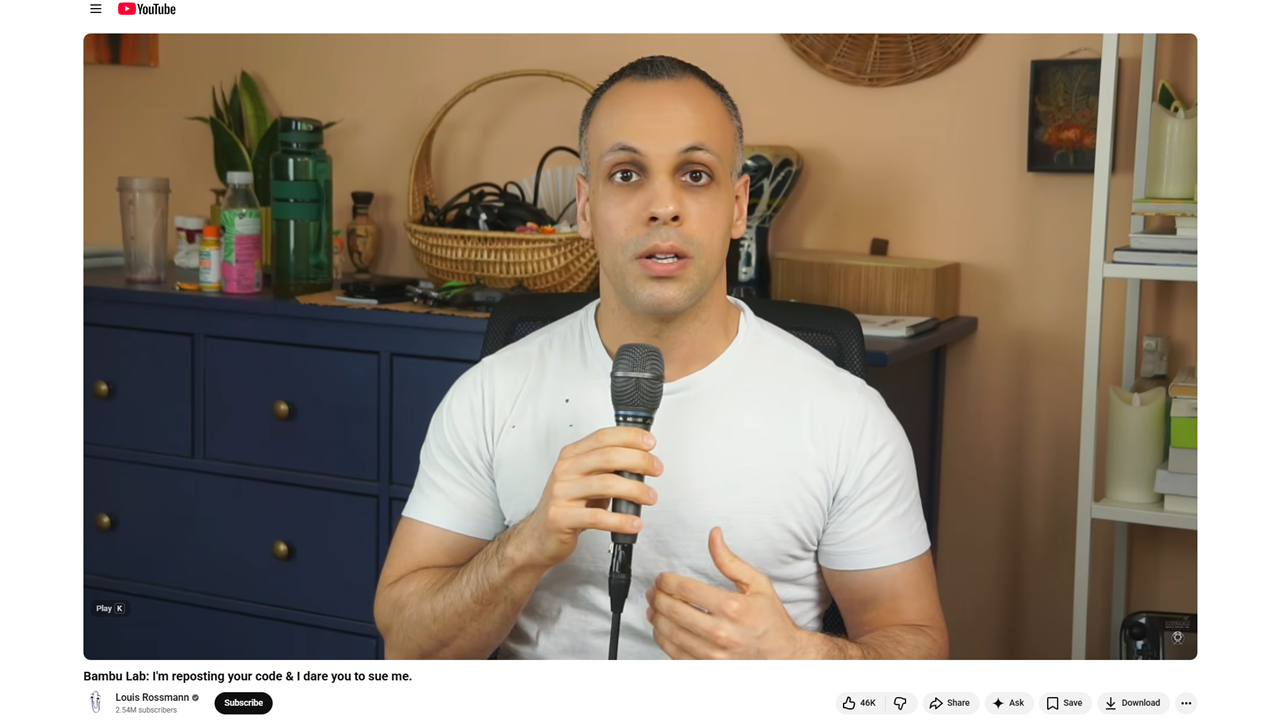 Louis Rossmann taunts Bambu Lab by hosting banned 3D Printer firmware fork, dares $1 billion company to sue him — more creators pledge support and boycotts, Sna