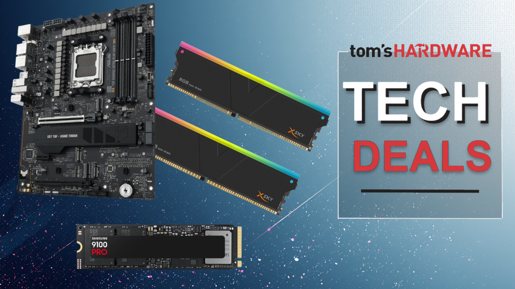 Save $447 on this 3-item combo from Newegg - just $1,082 buys a speedy, huge 4TB Samsung 9100 Pro SSD, 32GB DDR5 RAM, and an Asus TUF Gaming X870E-Plus motherbo