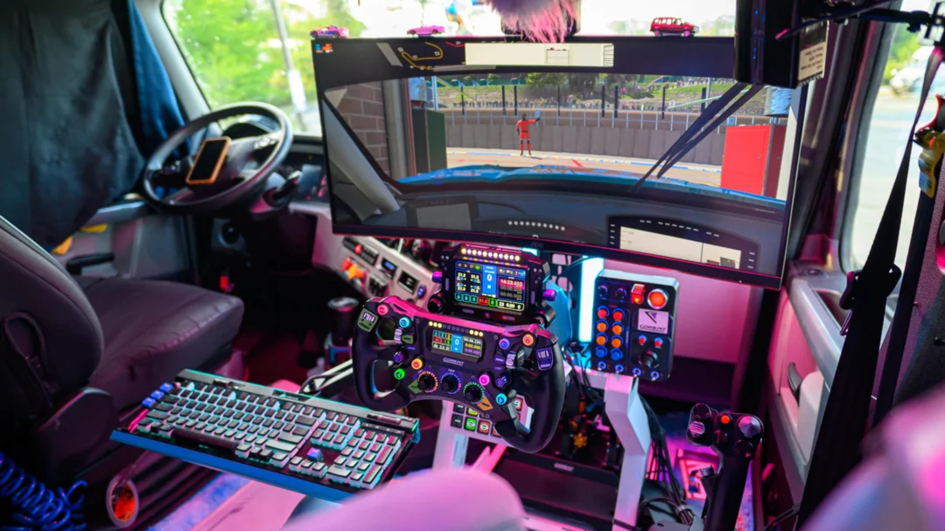 $6000 semi-truck gaming rig just got a massive upgrade — cabin overhaul includes new racing bucket seat, pedals, and other accessories to level up their truck